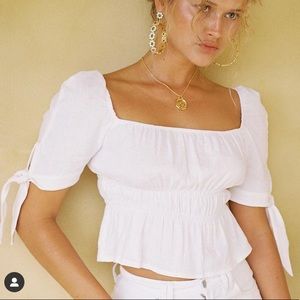 With Jean Ivory Linen Ruched Square Neck Cropped Peasant Blouse Small